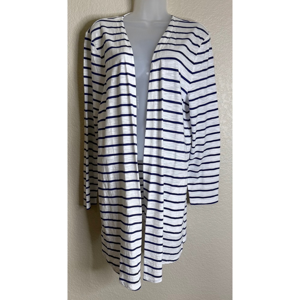 Chicos 2 US Large Cardigan White Blue Striped Open Front Longlineโ Ultimate Tee